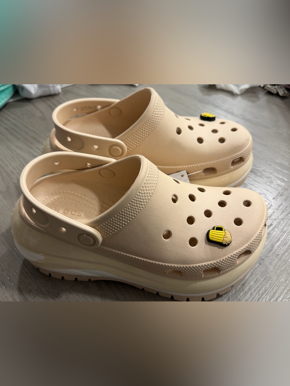 CROCS women Classic Platform Clogs in Light Beige with Yellow Charm